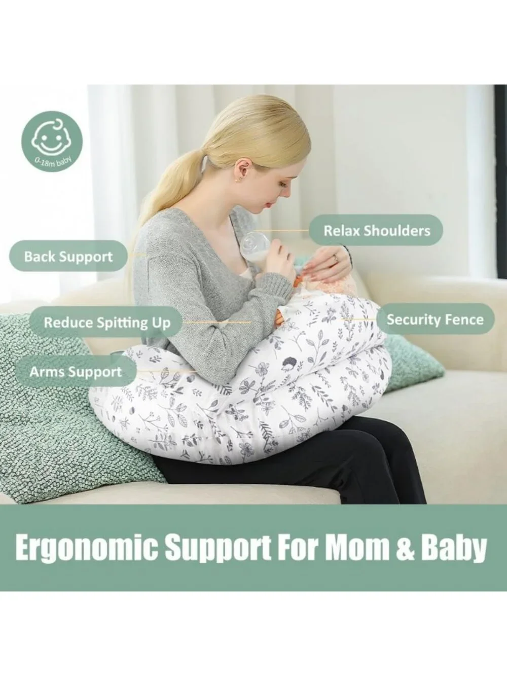Adjustable Nursing Pillow for Breastfeeding & Bottle Feeding, Large Support